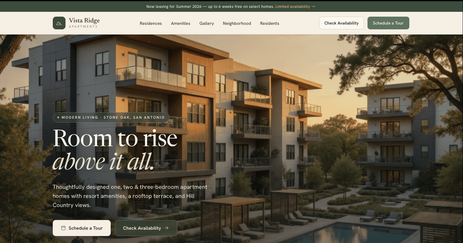 Vista Ridge Apartments leasing platform homepage preview