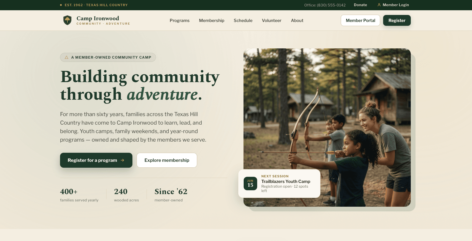 Camp Ironwood membership portal homepage preview